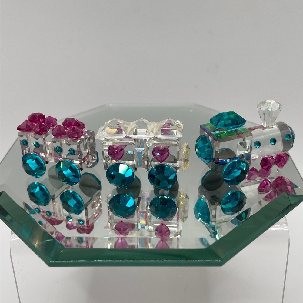 Vintage Crystallite Crystal Miniature Crystal 3 Pc Train Set With Mirror Base - Picture 2 of 10